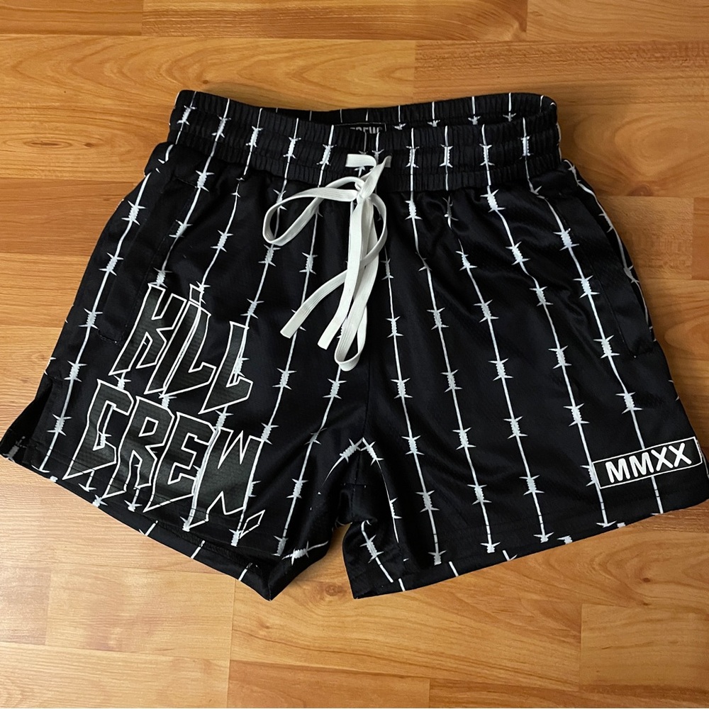 Kill Crew Barbwire Muay Thai Shorts (Mid Thigh Cut) - Black/White